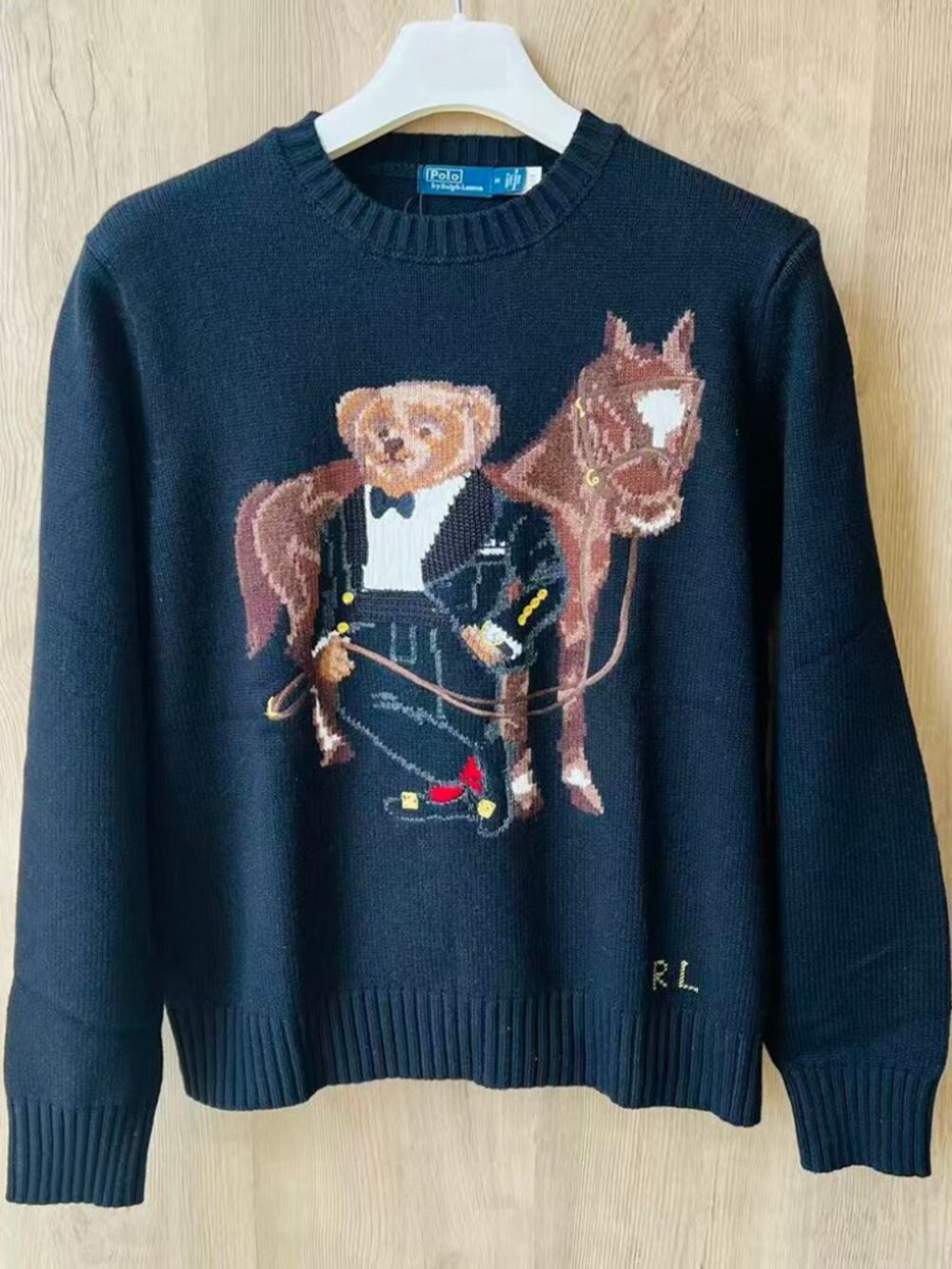 Polo Ralph Lauren Black Equestrian Polo Bear Wool Cashmere Sweater M